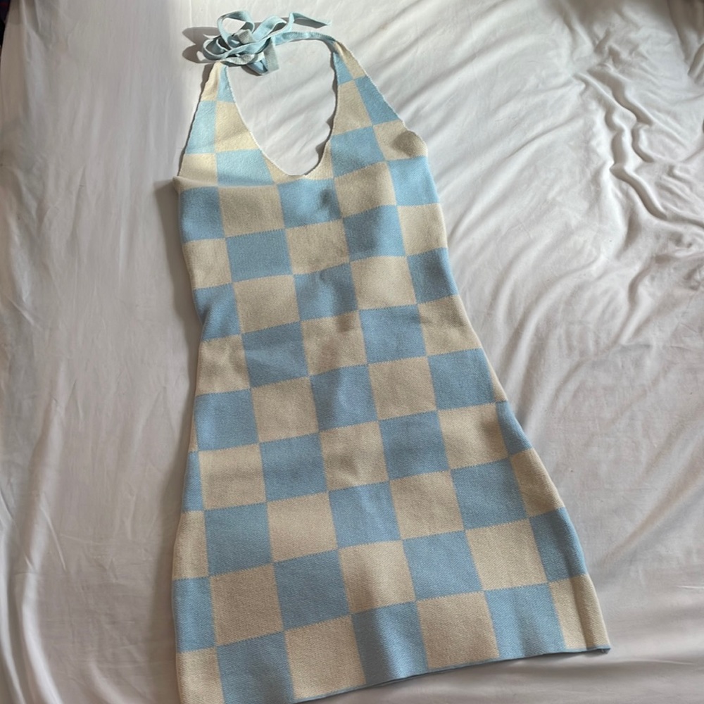Checkered knit halter dress